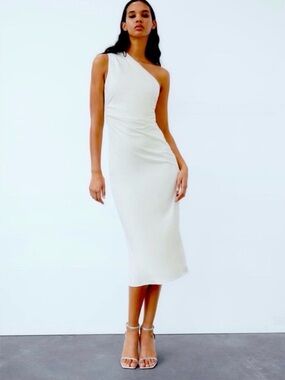 Zara Cream One-Shoulder Draped Midi Dress